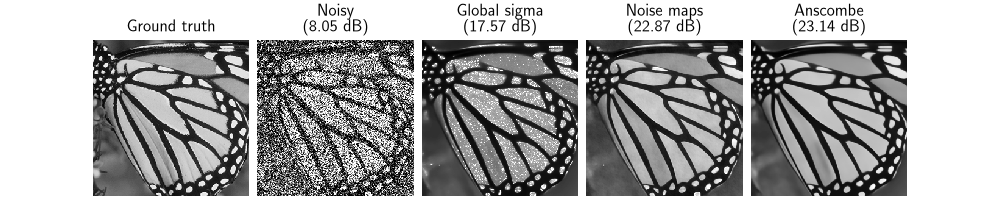Ground truth, Noisy (8.05 dB), Global sigma (17.57 dB), Noise maps (22.87 dB), Anscombe (23.14 dB)