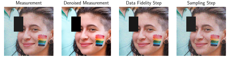 Measurement, Denoised Measurement, Data Fidelity Step, Sampling Step