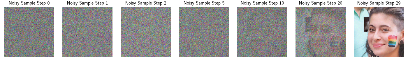 Noisy Sample Step 0, Noisy Sample Step 1, Noisy Sample Step 2, Noisy Sample Step 5, Noisy Sample Step 10, Noisy Sample Step 20, Noisy Sample Step 29