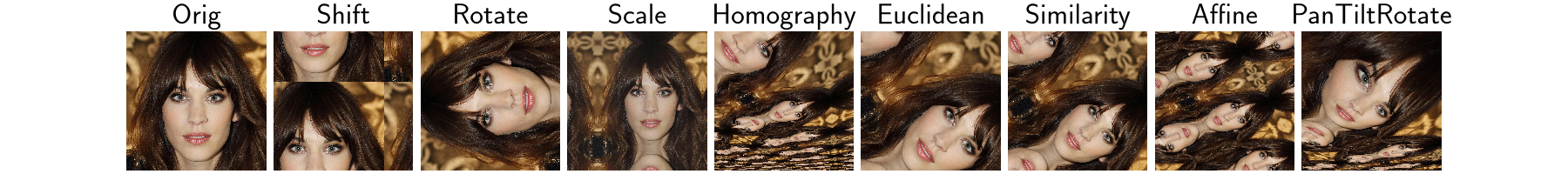 Orig, Shift, Rotate, Scale, Homography, Euclidean, Similarity, Affine, PanTiltRotate