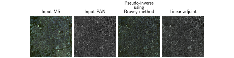 Input MS, Input PAN, Pseudo-inverse   using   Brovey method, Linear adjoint