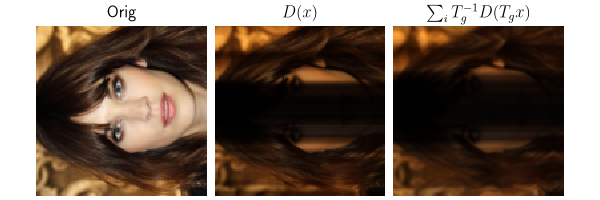Orig, $D(x)$, $\sum_i T_g^{-1}D(T_g x)$