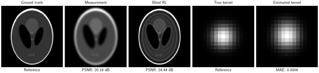 Ground truth, Measurement, Blind RL, True kernel, Estimated kernel