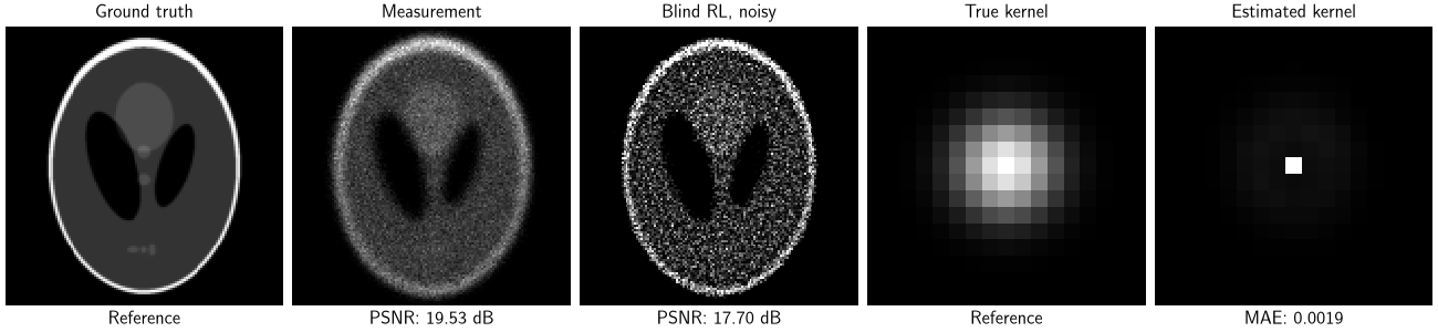 Ground truth, Measurement, Blind RL, noisy, True kernel, Estimated kernel