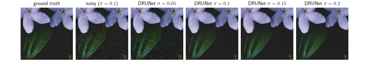 ground truth, noisy ($\sigma=0.1$), DRUNet $\sigma=0.05$, DRUNet $\sigma=0.1$, DRUNet $\sigma=0.15$, DRUNet $\sigma=0.2$